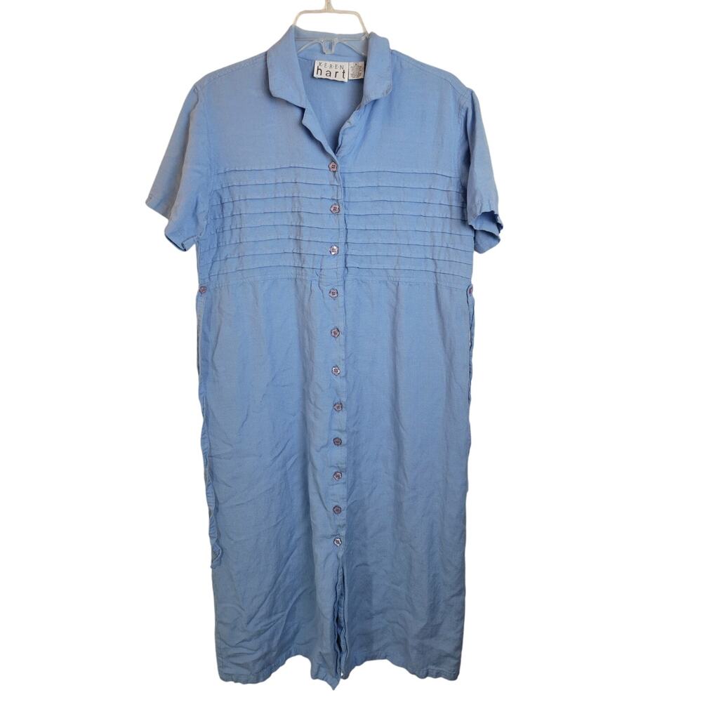 Keren Hart Blue Pintuck Collar Floral Buttons Shirt Dress‎ Women's Size Medium